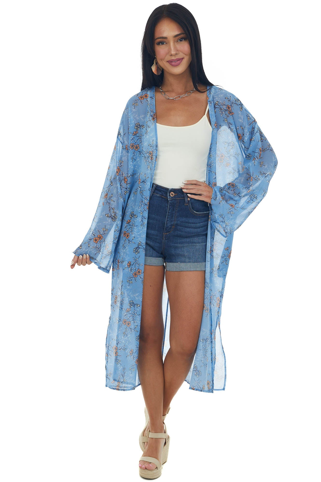 Cornflower Floral Print Long Sleeve Kimono