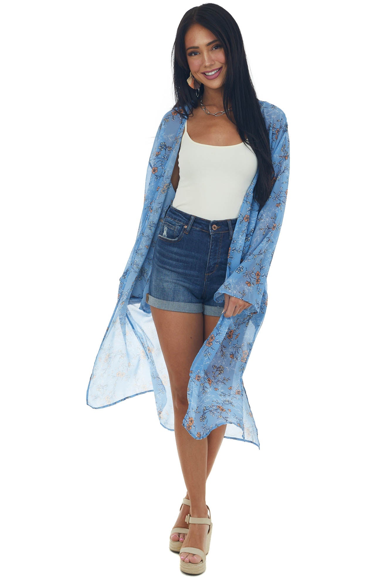 Cornflower Floral Print Long Sleeve Kimono