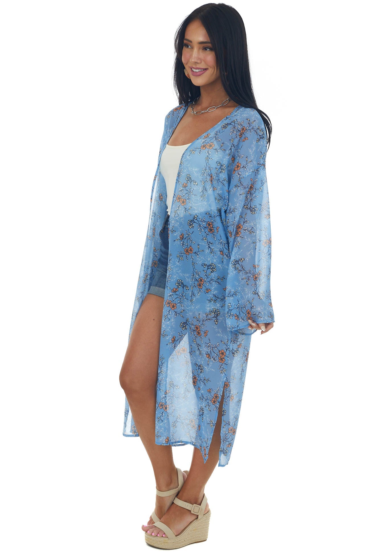 Cornflower Floral Print Long Sleeve Kimono