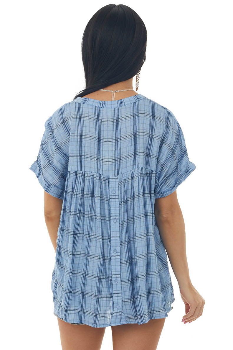Cornflower Plaid Woven Top with Button Up Back