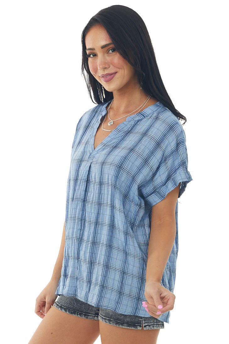 Cornflower Plaid Woven Top with Button Up Back