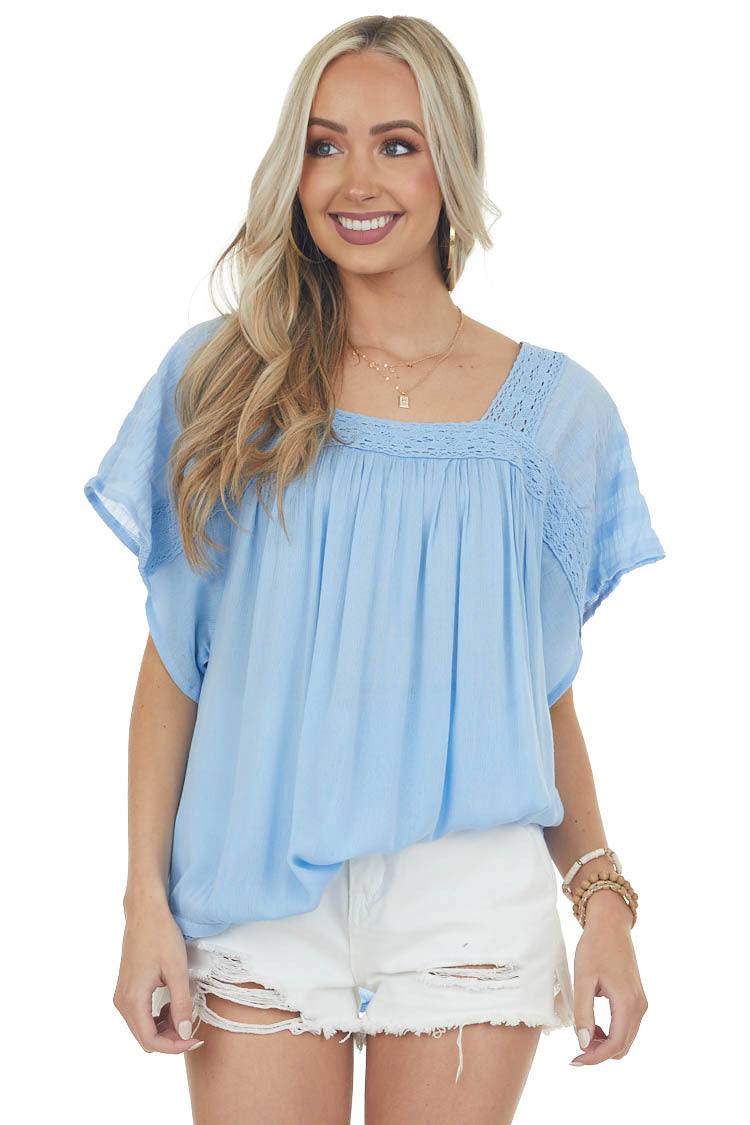 Powder Blue Square Neck Blouse with Lace Details