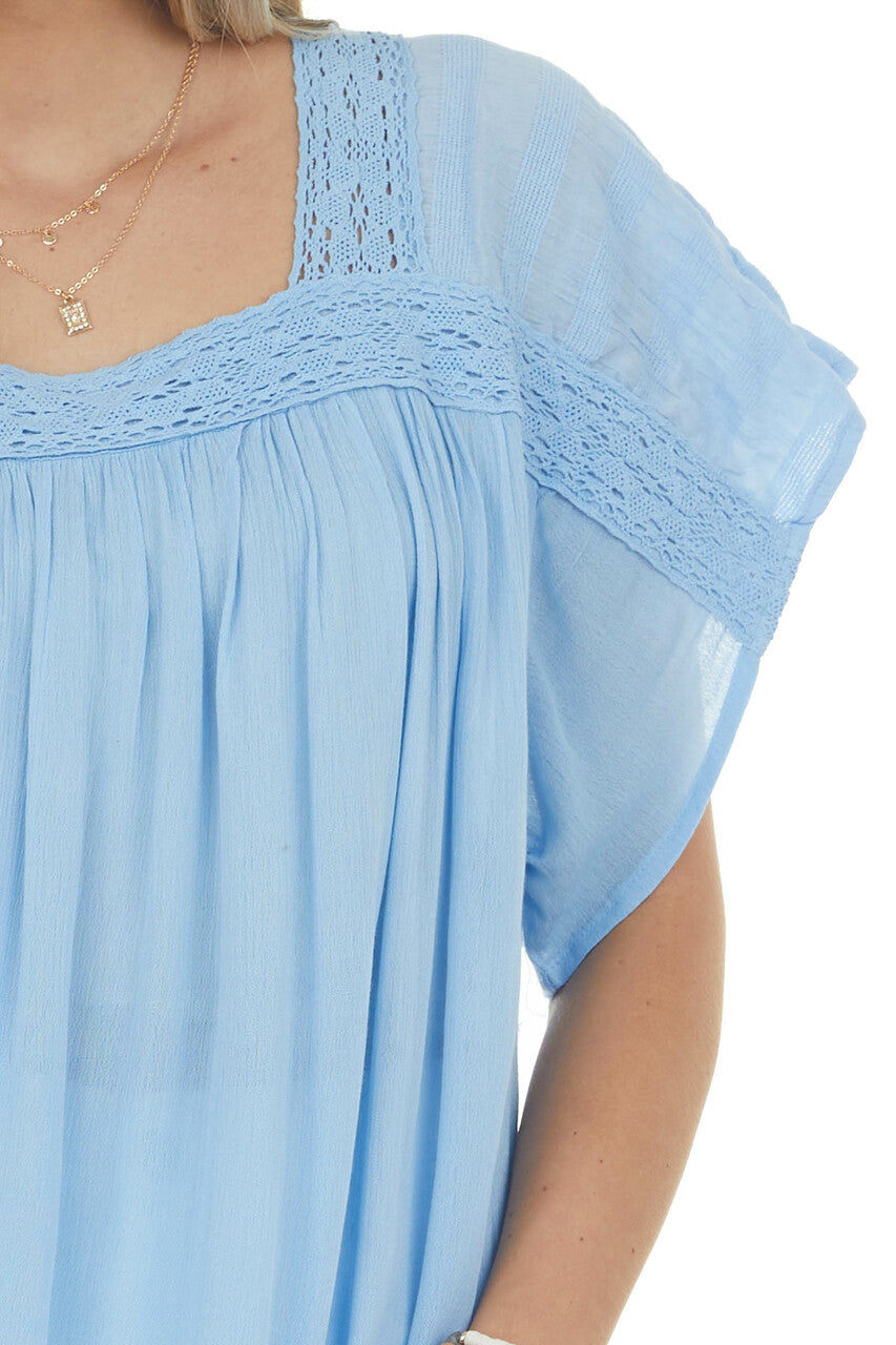 Powder Blue Square Neck Blouse with Lace Details