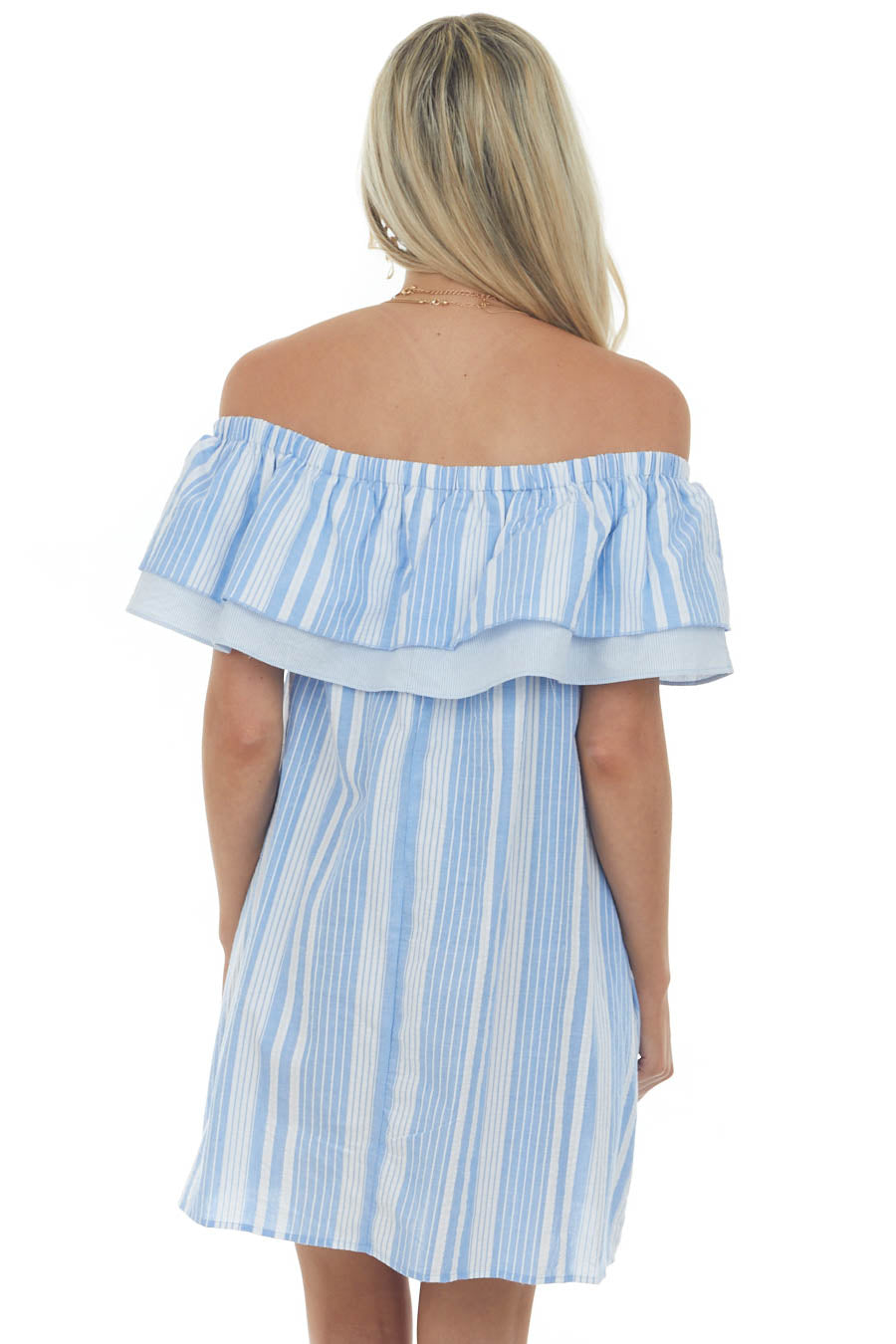 Cornflower Striped Ruffle Off the Shoulder Dress