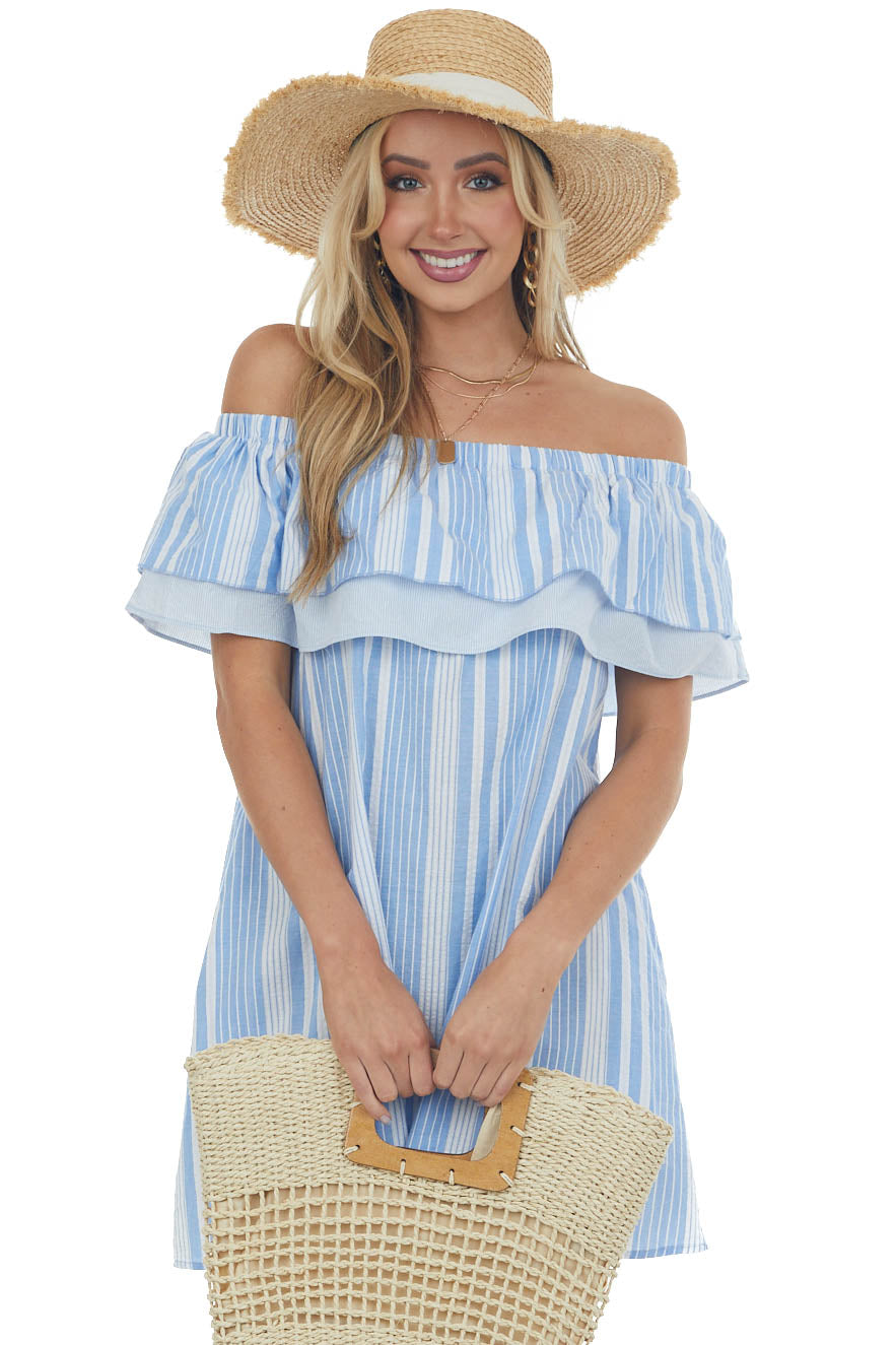 Cornflower Striped Ruffle Off the Shoulder Dress