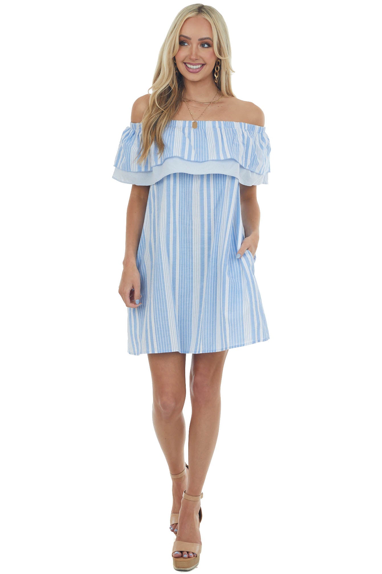 Cornflower Striped Ruffle Off the Shoulder Dress