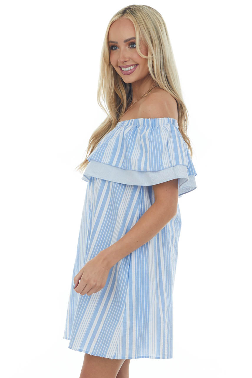 Cornflower Striped Ruffle Off the Shoulder Dress