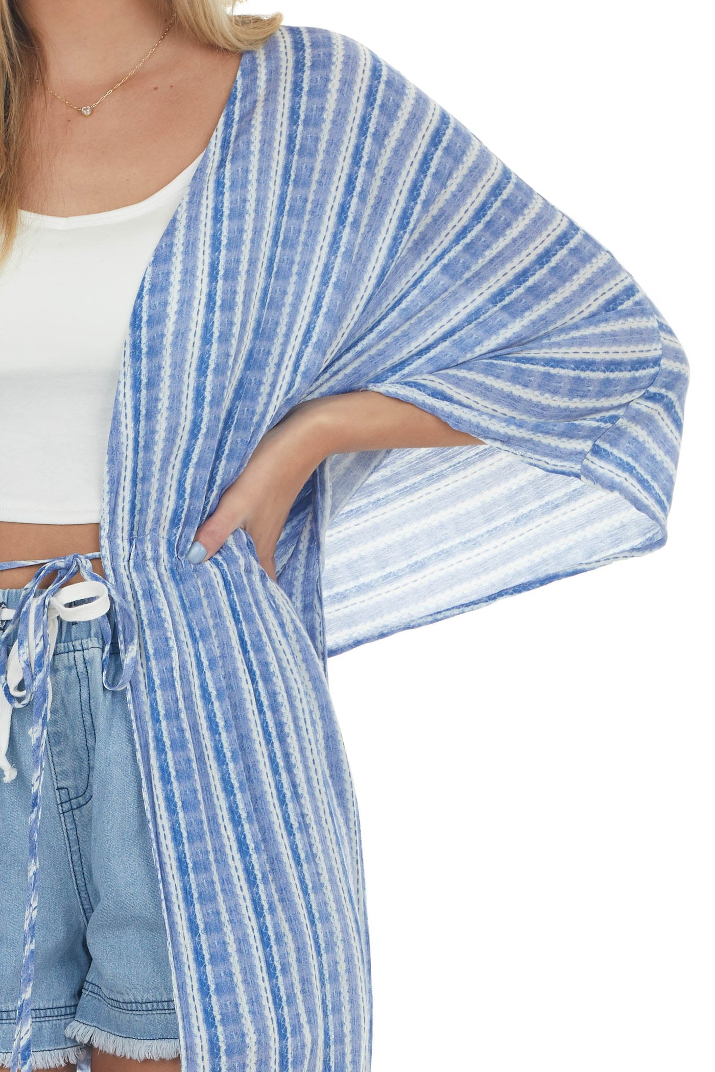 Cornflower Striped Waist Tie Duster Kimono