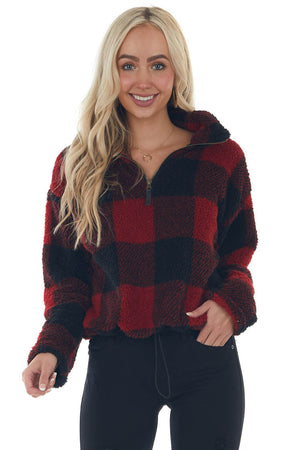 Cranberry Buffalo Plaid Sherpa Pullover Jacket