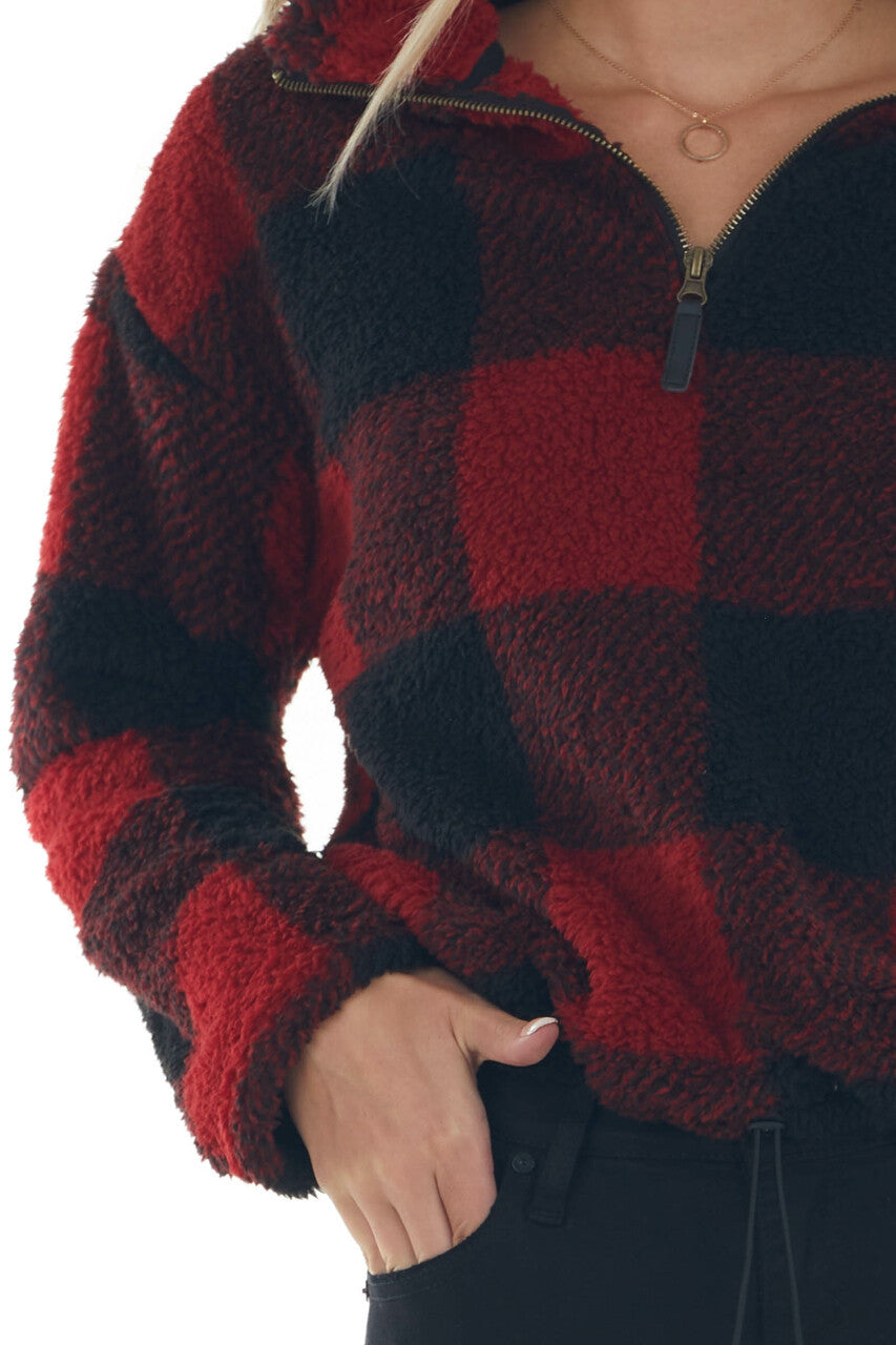 Cranberry Buffalo Plaid Sherpa Pullover Jacket