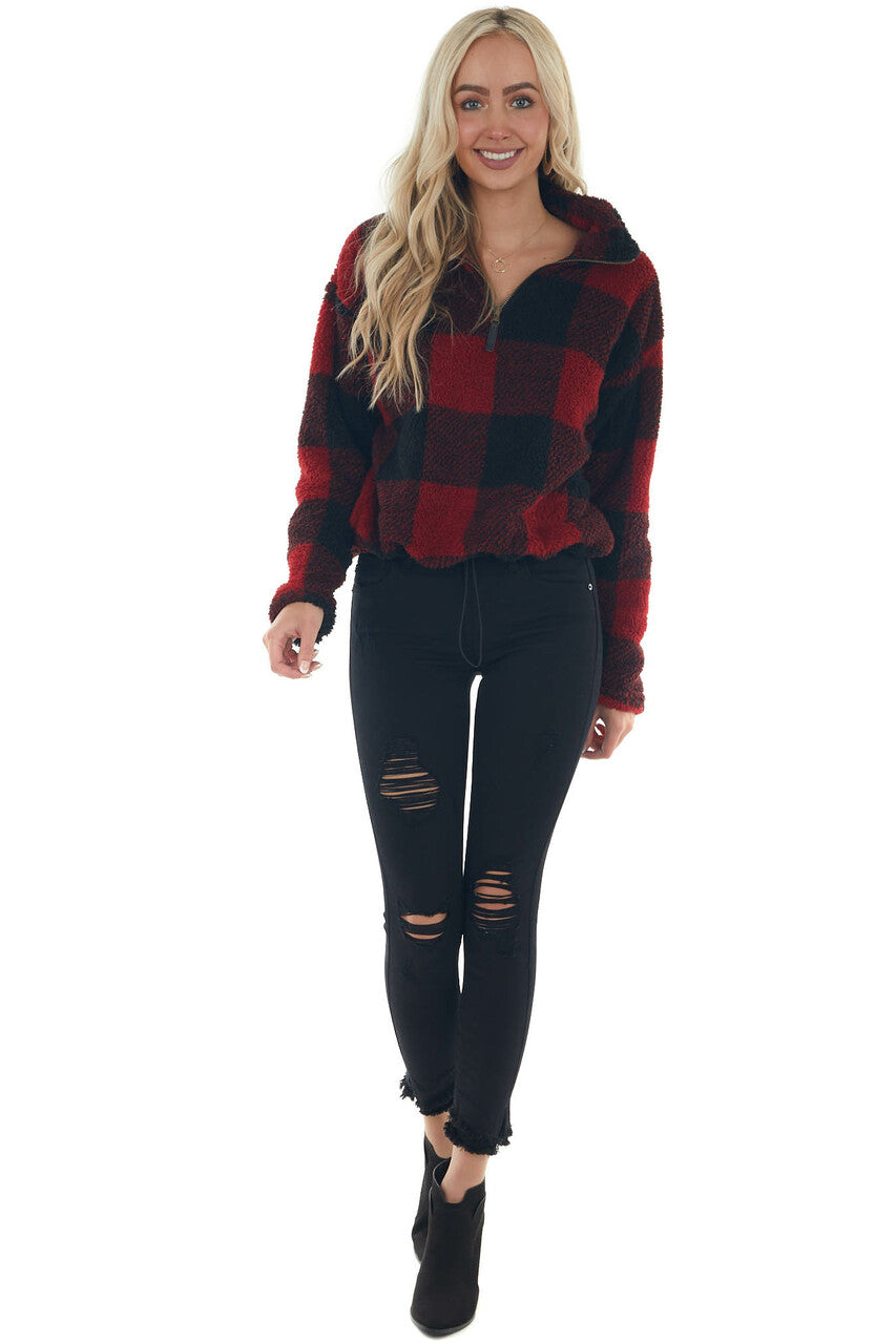 Cranberry Buffalo Plaid Sherpa Pullover Jacket