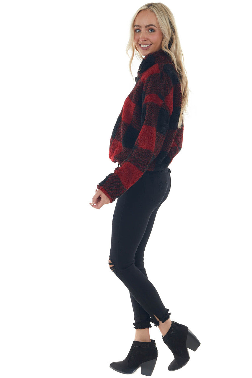 Cranberry Buffalo Plaid Sherpa Pullover Jacket
