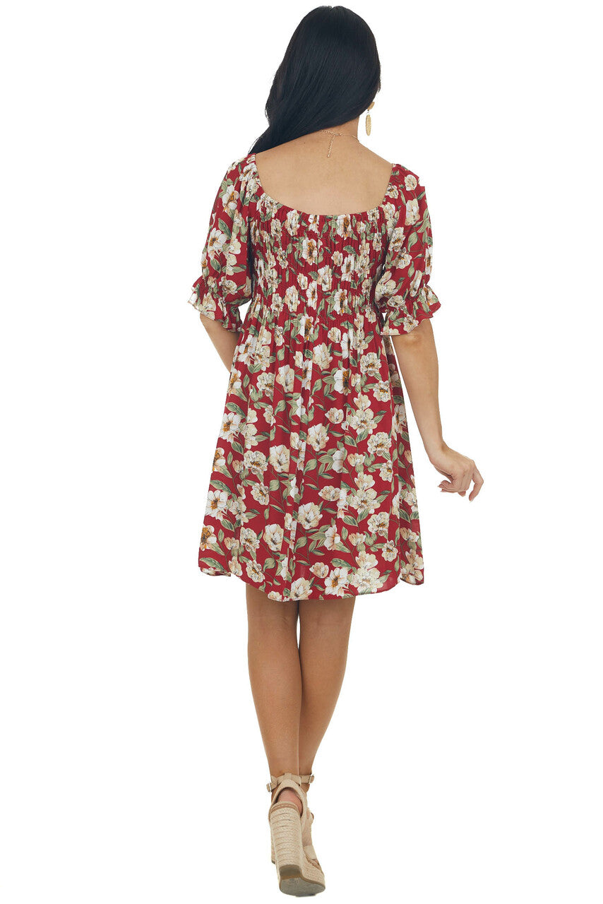 Cranberry Red Floral Print Smocked Short Dress