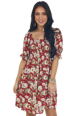 Cranberry Red Floral Print Smocked Short Dress