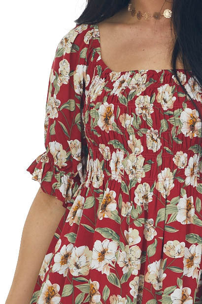 Cranberry Red Floral Print Smocked Short Dress