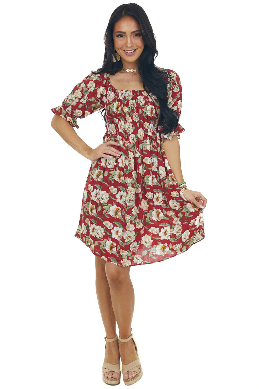 Cranberry Red Floral Print Smocked Short Dress