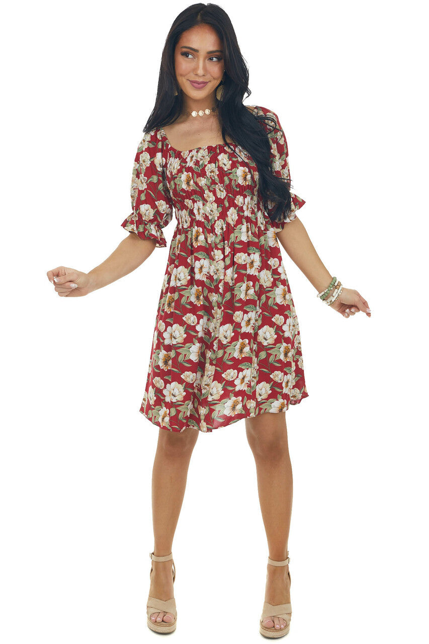Cranberry Red Floral Print Smocked Short Dress