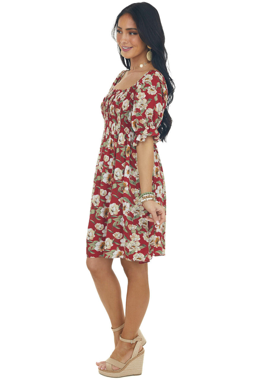 Cranberry Red Floral Print Smocked Short Dress