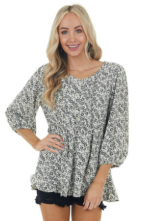 Cream and Black Floral Print Drop Waist Button Up Blouse