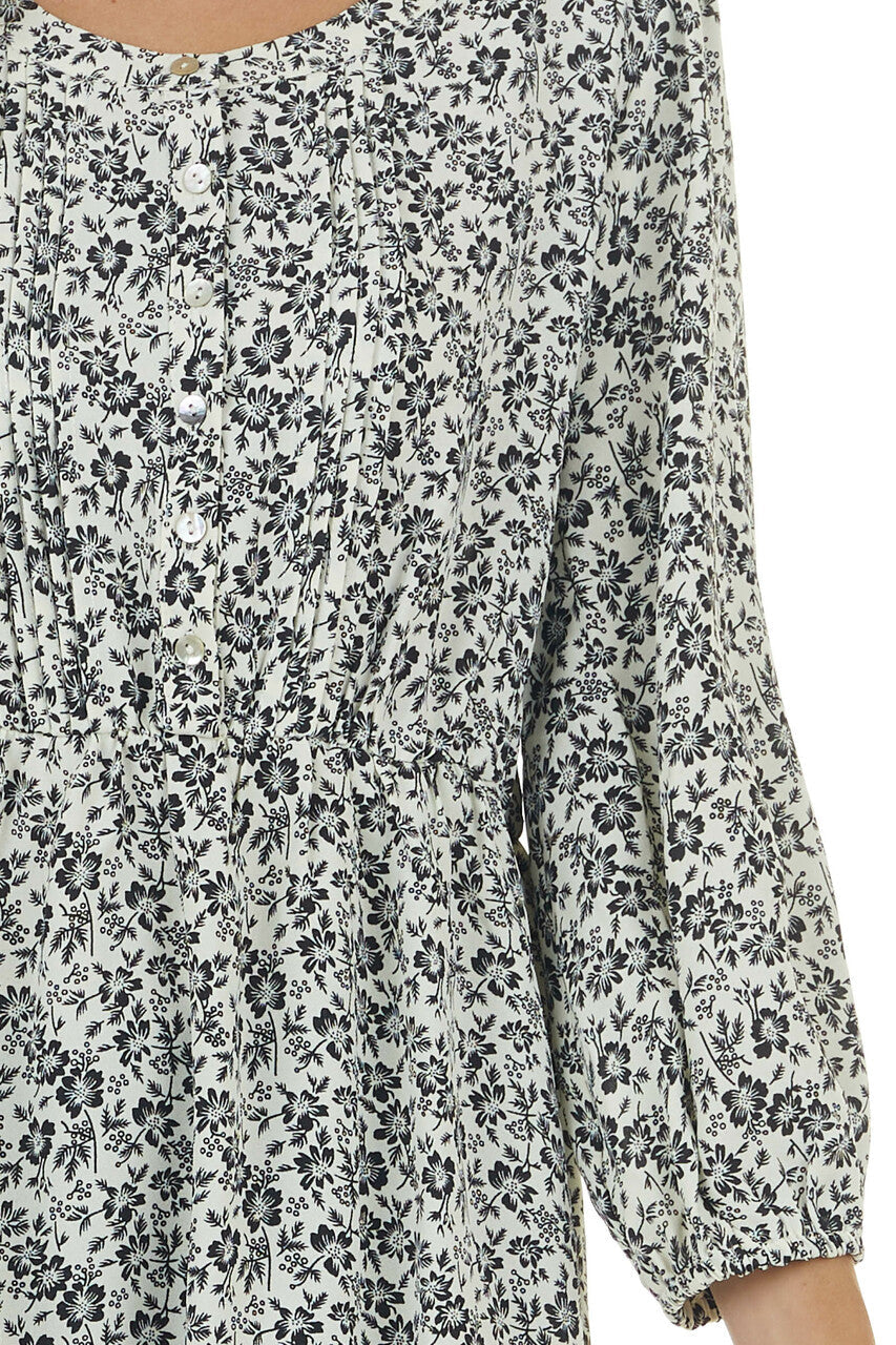 Cream and Black Floral Print Drop Waist Button Up Blouse