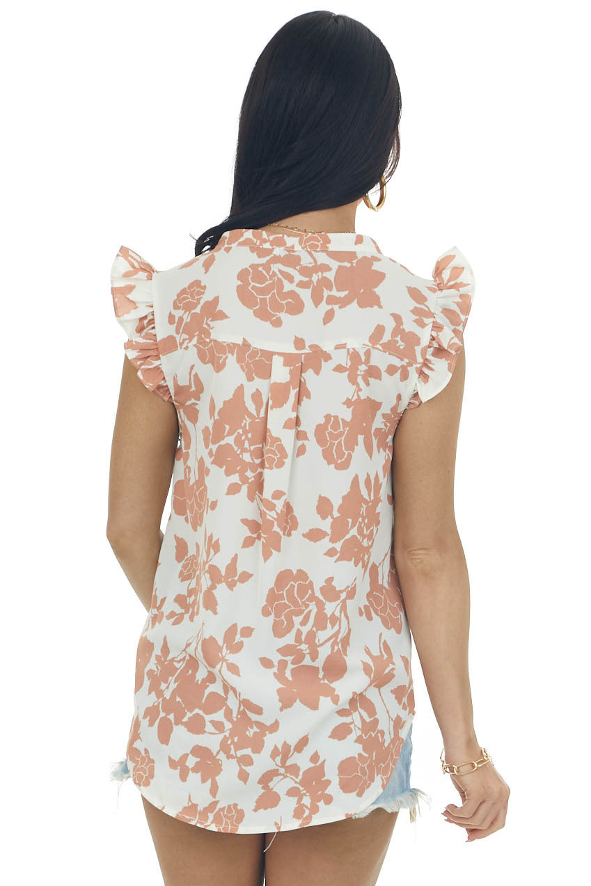 Cream and Ginger Floral V Neck Frill Blouse