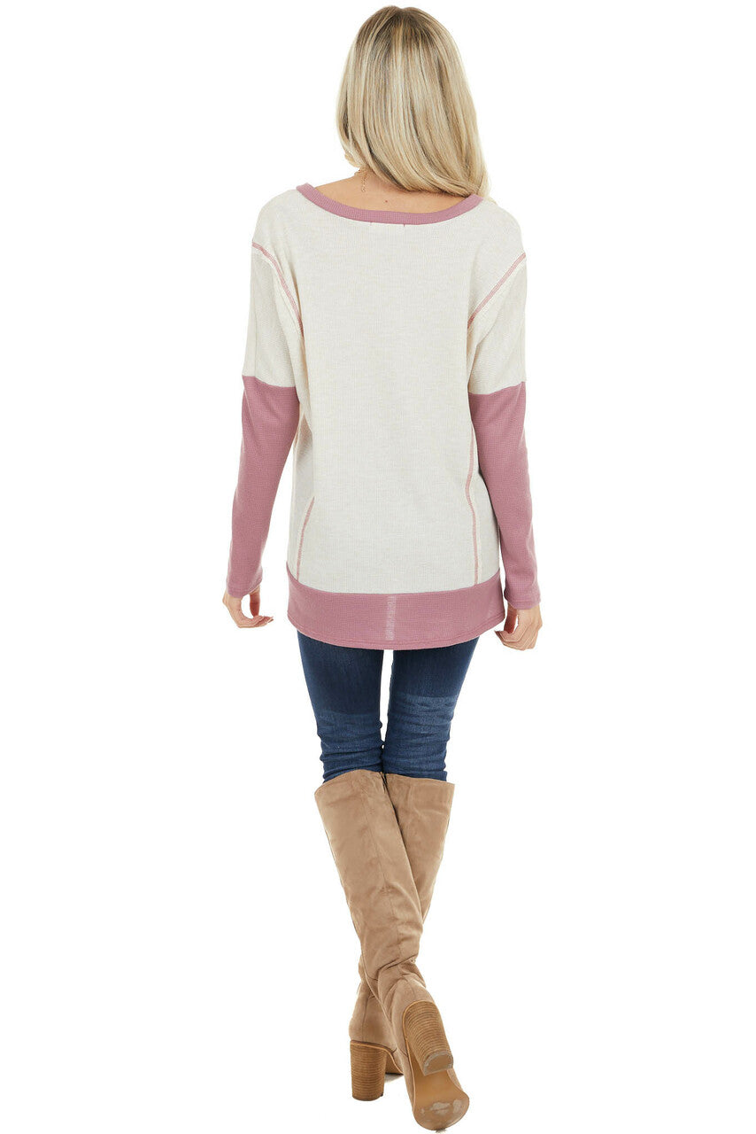 Cream and Mauve Contrast Waffle Knit V Neck Top