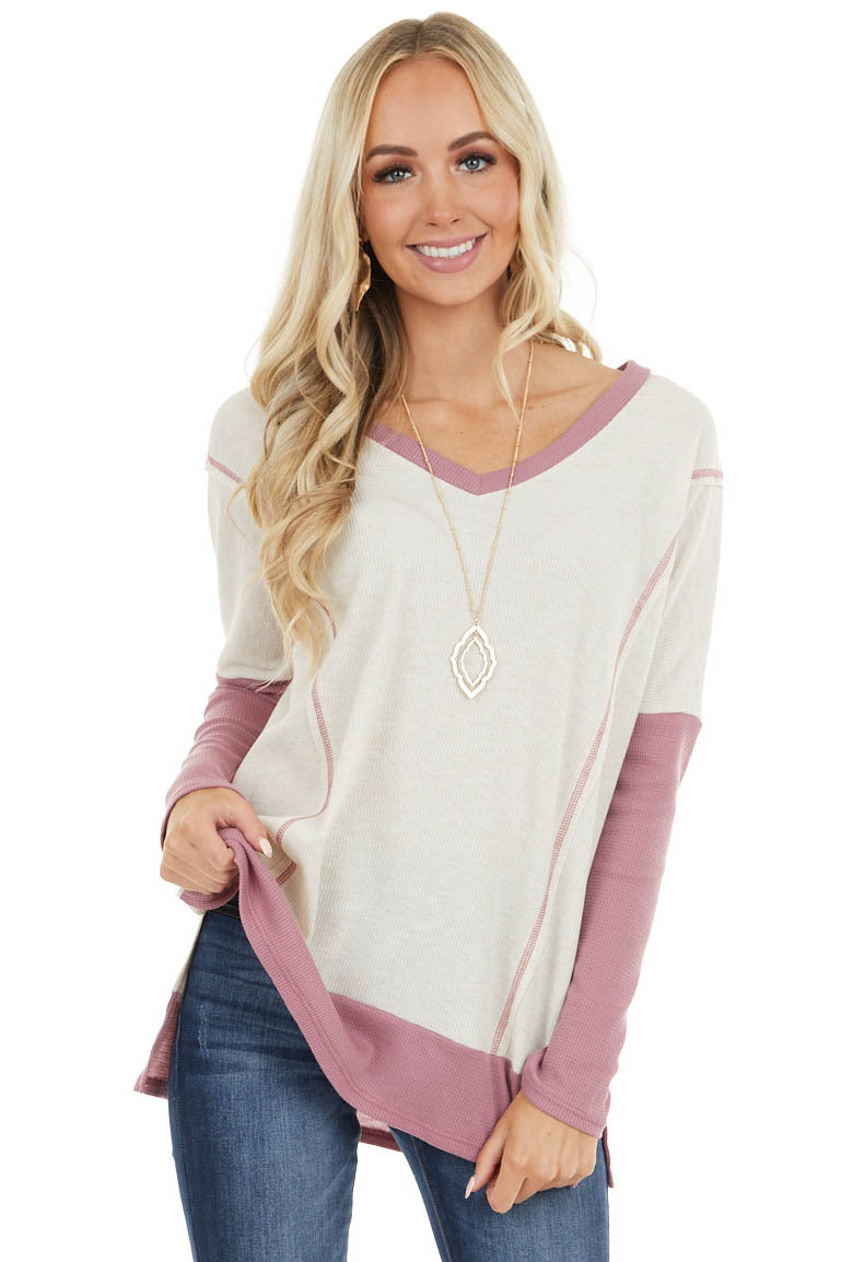Cream and Mauve Contrast Waffle Knit V Neck Top