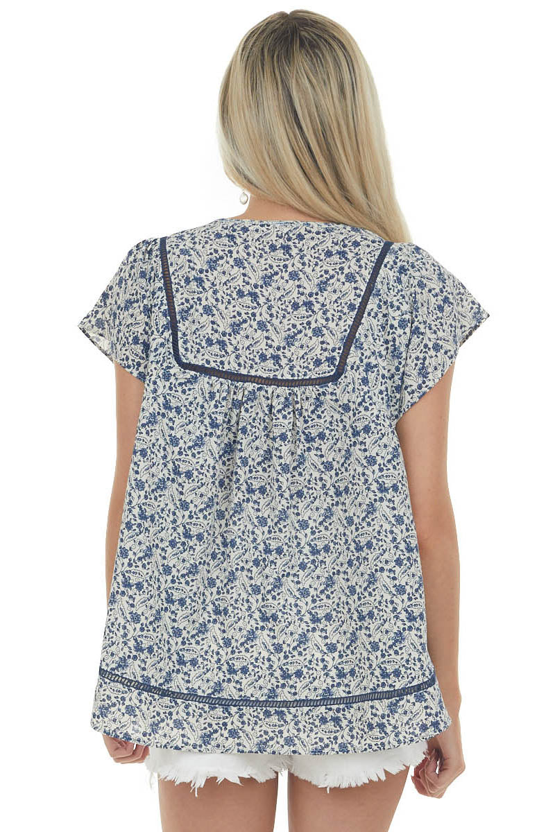 Cream and Navy Floral Square Lace Peasant Top