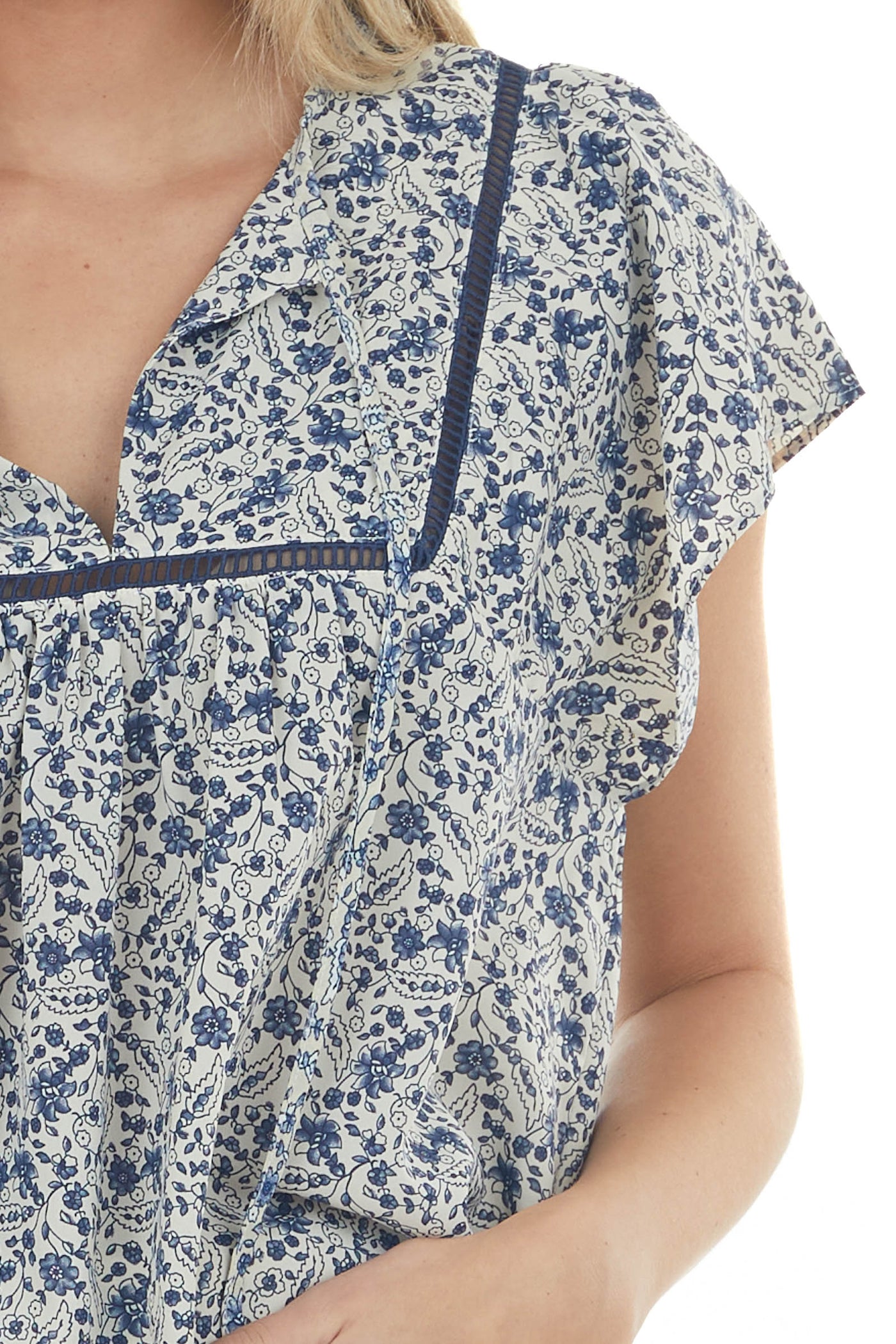 Cream and Navy Floral Square Lace Peasant Top