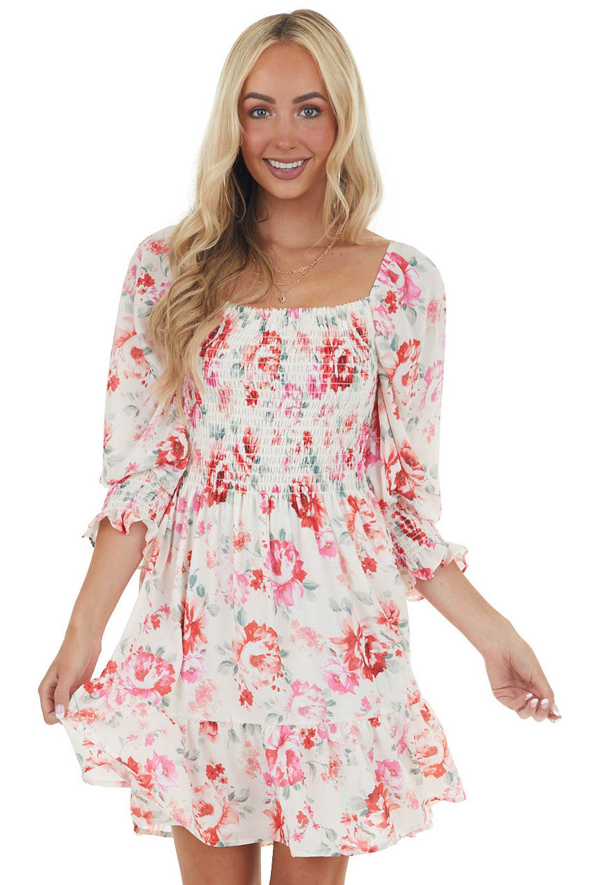 Cream and Ruby and Smocked Bust Long Sleeve Mini Dress 