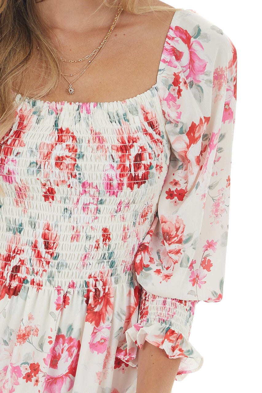 Cream and Ruby and Smocked Bust Long Sleeve Mini Dress 