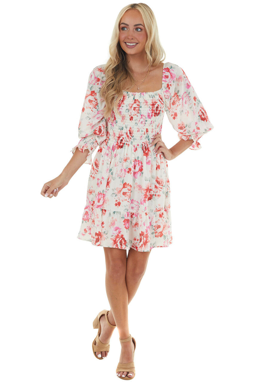 Cream and Ruby and Smocked Bust Long Sleeve Mini Dress 