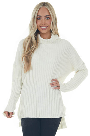 Cream Chenille Ribbed Cowl Neck Sweater