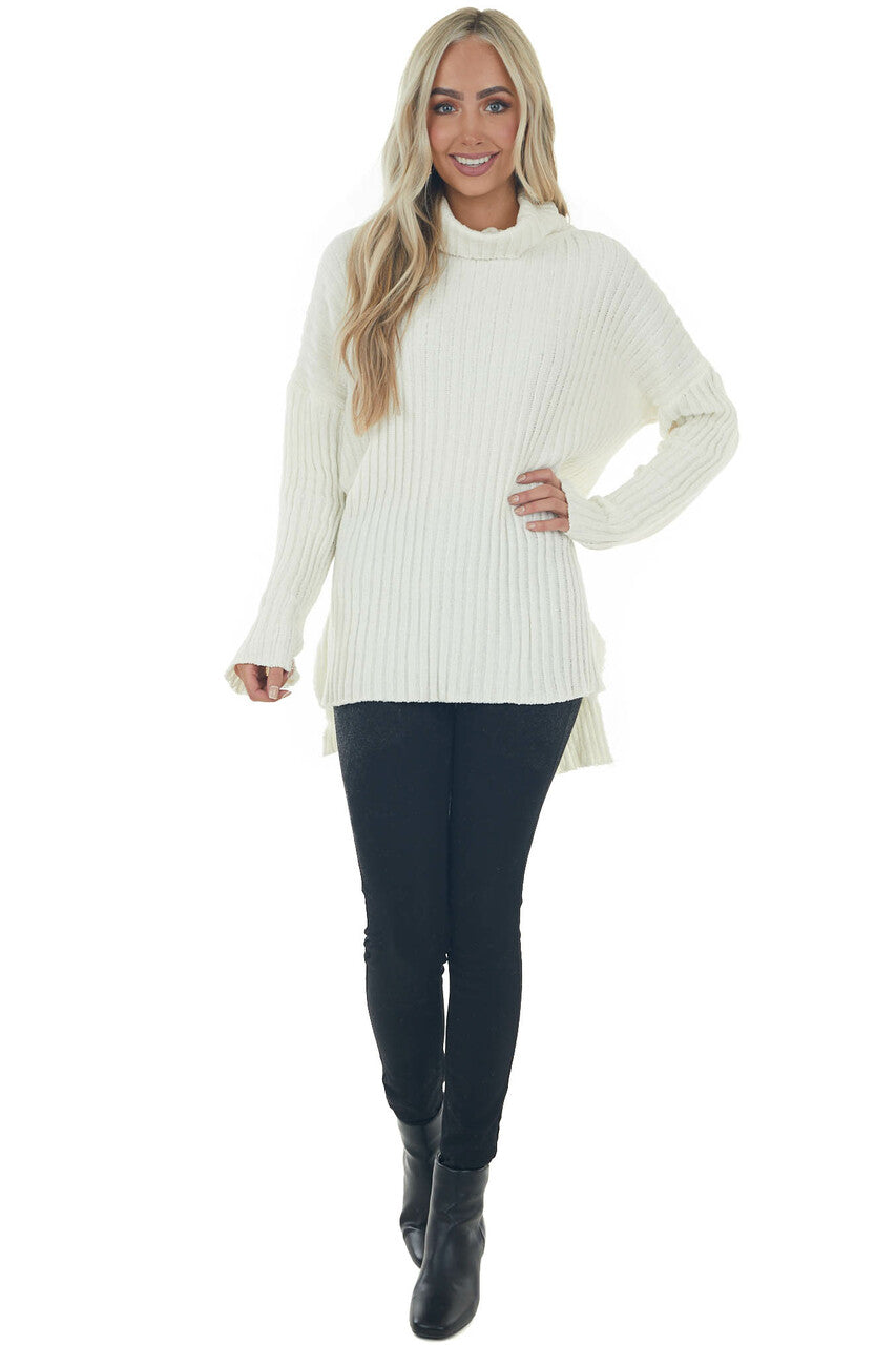 Cream Chenille Ribbed Cowl Neck Sweater