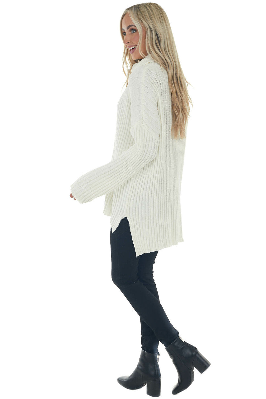 Cream Chenille Ribbed Cowl Neck Sweater