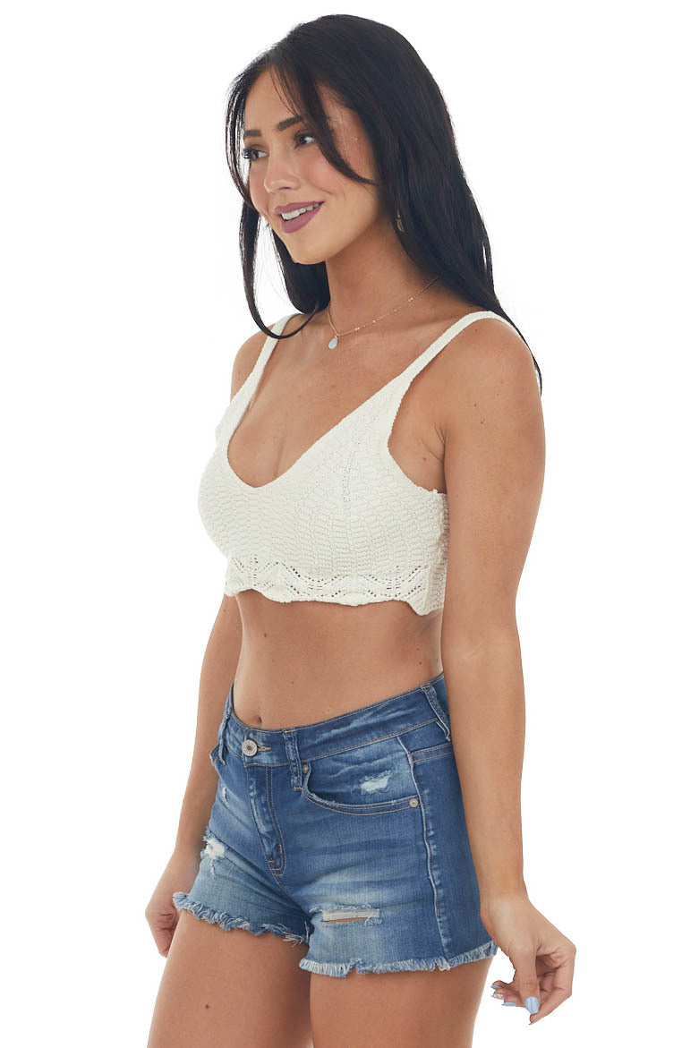 Cream Crocheted Scalloped Hem V Neck Bralette 