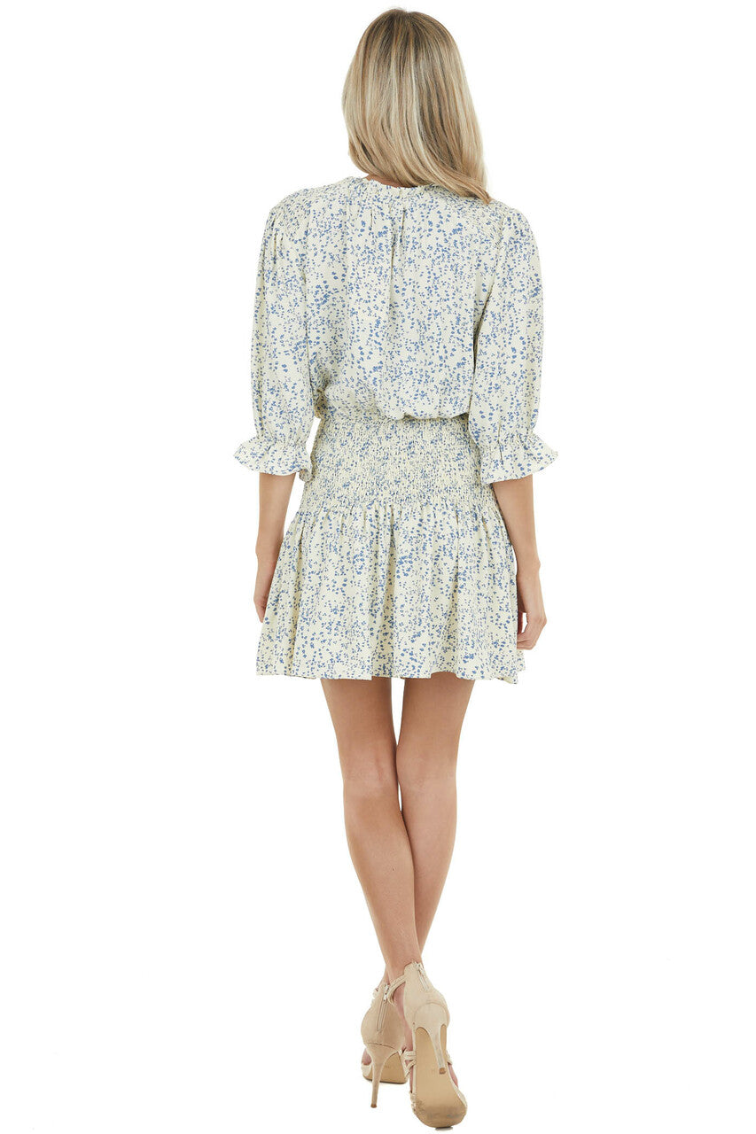 Cream Ditsy Floral Short Blouson Dress with Smocked Detail