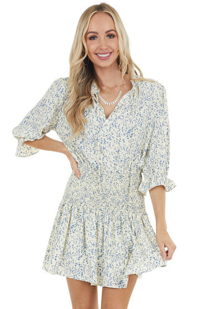 Cream Ditsy Floral Short Blouson Dress with Smocked Detail