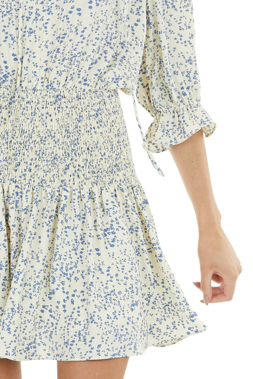 Cream Ditsy Floral Short Blouson Dress with Smocked Detail