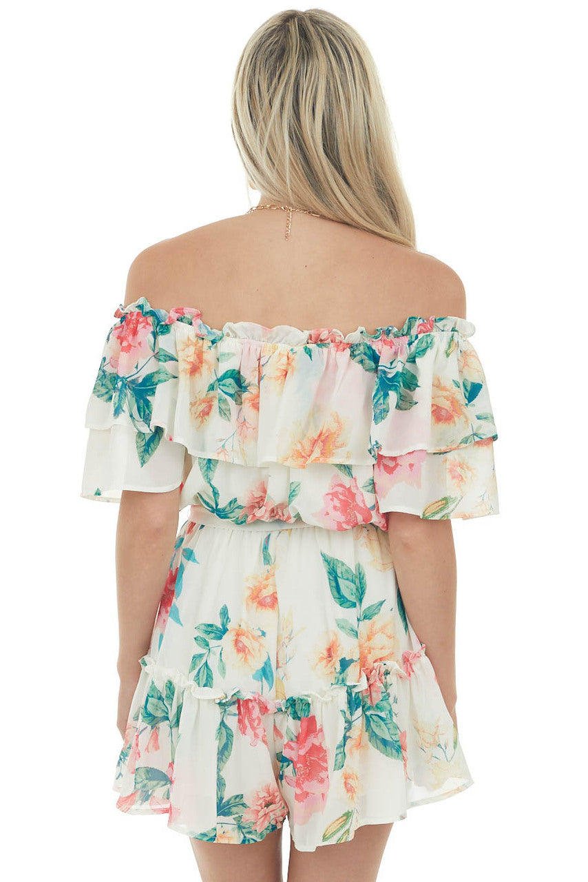 Cream Floral Print Off Shoulder Woven Romper