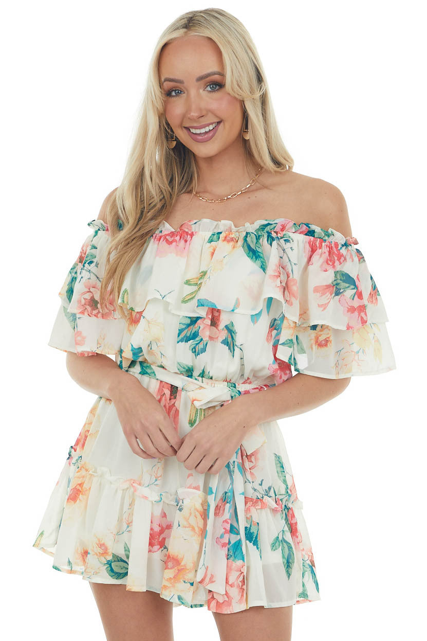 Cream Floral Print Off Shoulder Woven Romper