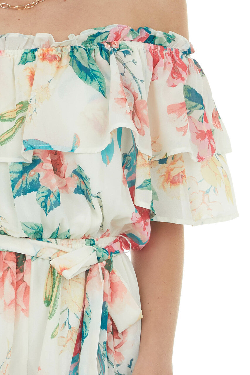 Cream Floral Print Off Shoulder Woven Romper