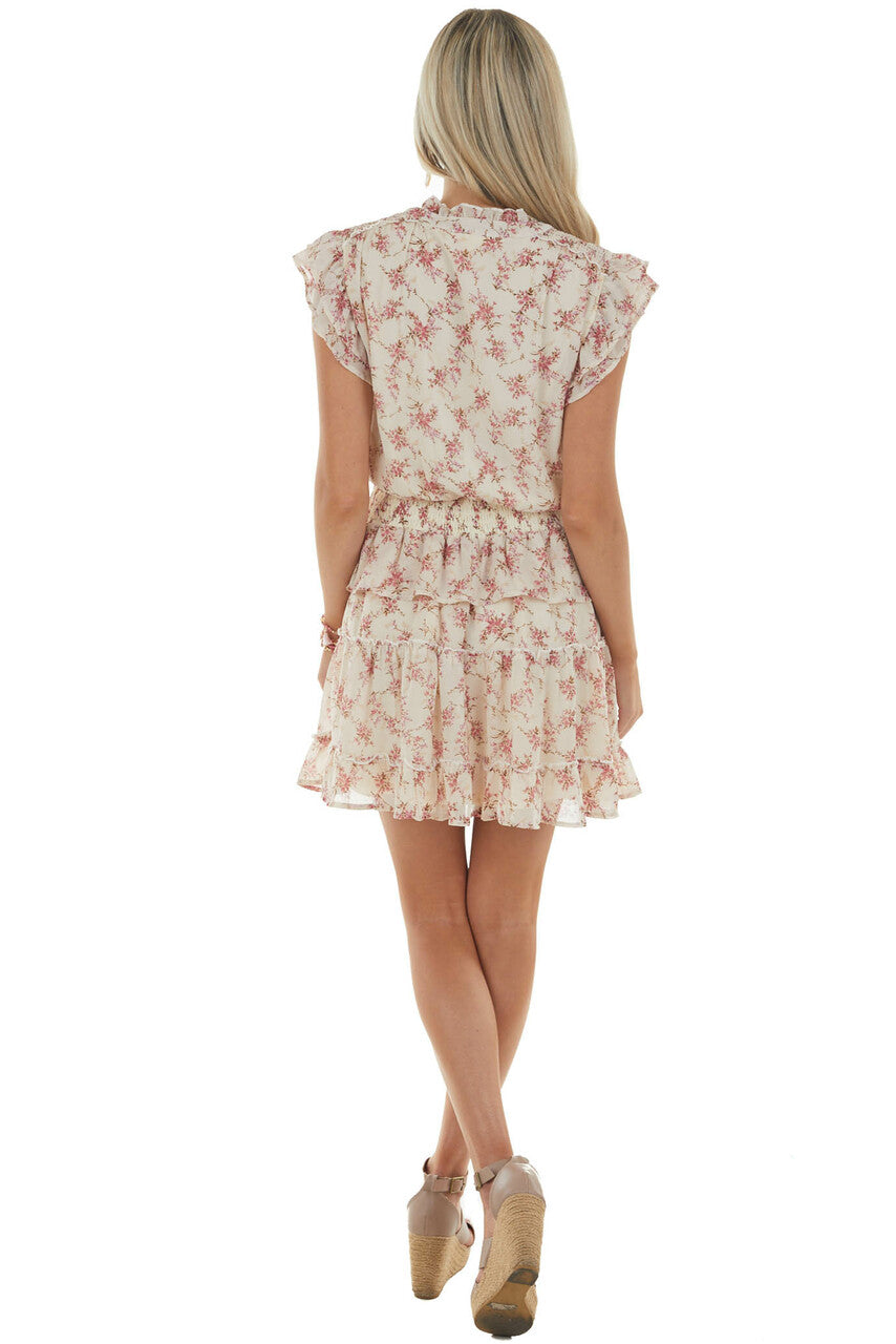 Cream Floral Print V Neck Tiered Short Dress 