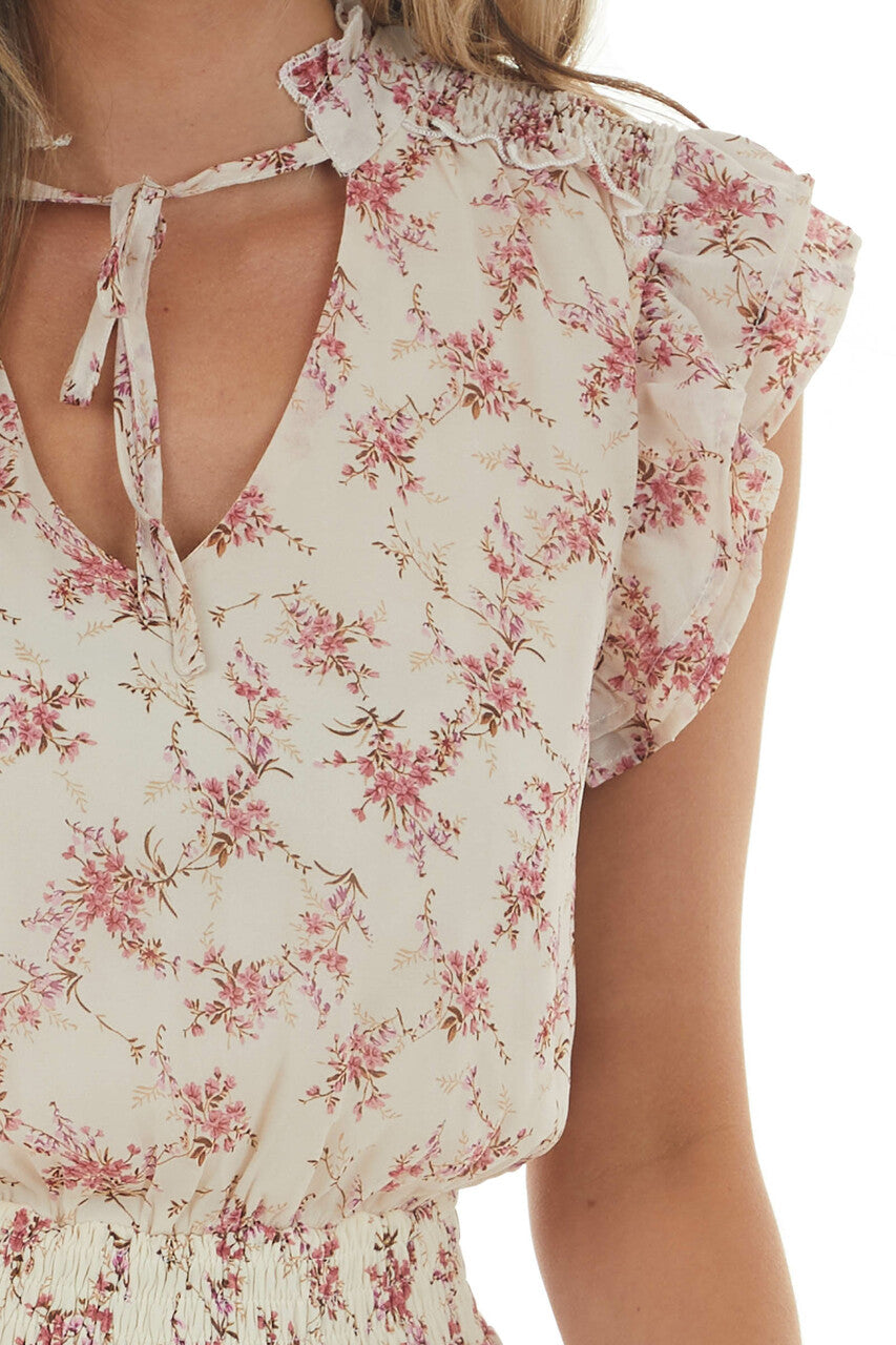 Cream Floral Print V Neck Tiered Short Dress 