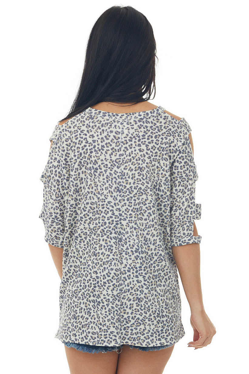 Cream Leopard Ladder Cut Out Sleeve Knit Top