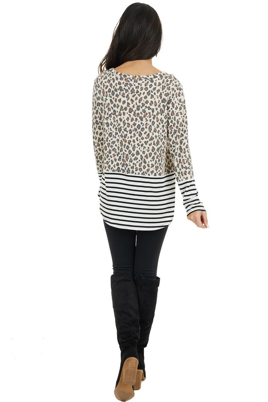 Cream Leopard Print Long Sleeve Top with Stripe Contrast