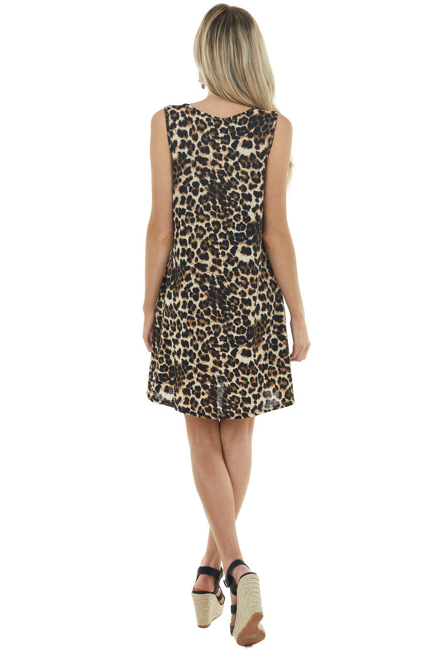 Cream Leopard Print Sleeveless Short Dress with Caged Chest