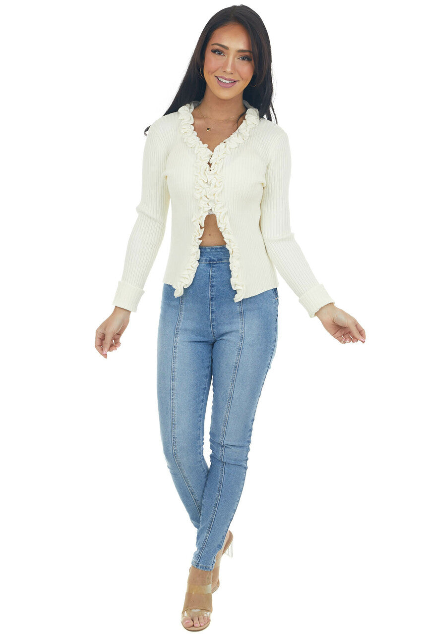 Cream Long Sleeve Ruffle Ribbed Knit Cardigan