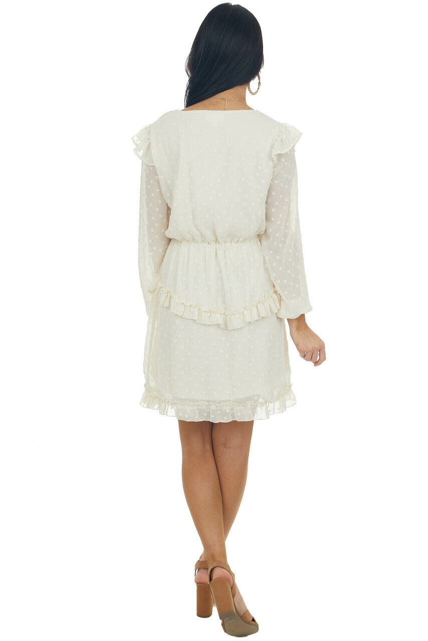 Cream Long Sleeve Ruffle Swiss Dot Dress 