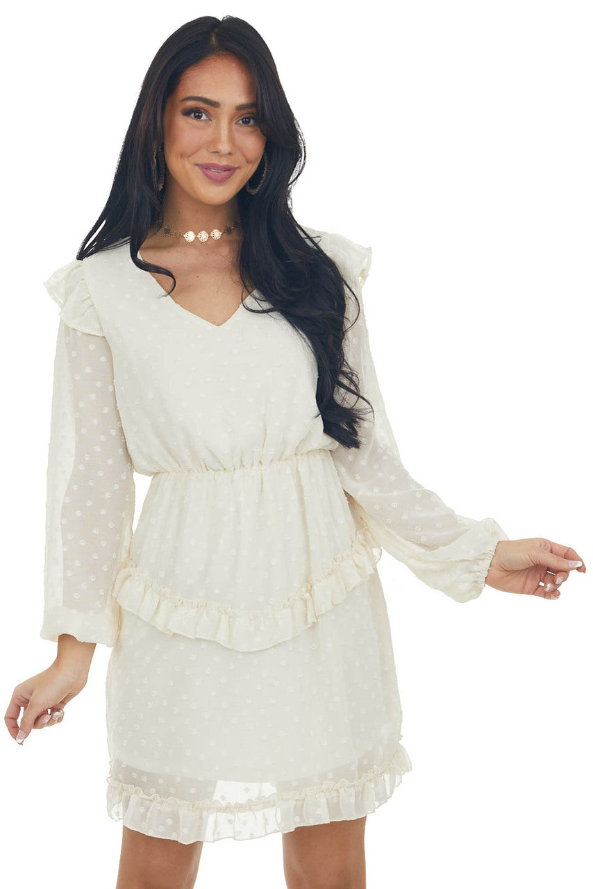 Cream Long Sleeve Ruffle Swiss Dot Dress 